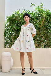 OFF-WHITE FLORAL EMBROIDERED FIT & FLARE SHORT DRESS