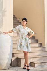 WHITE FLORAL EMBROIDERED SHORT COTTON DRESS