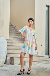 FLORAL EMBROIDERED SHORT DRESS - V-NECK, CASUAL RESORT WEAR