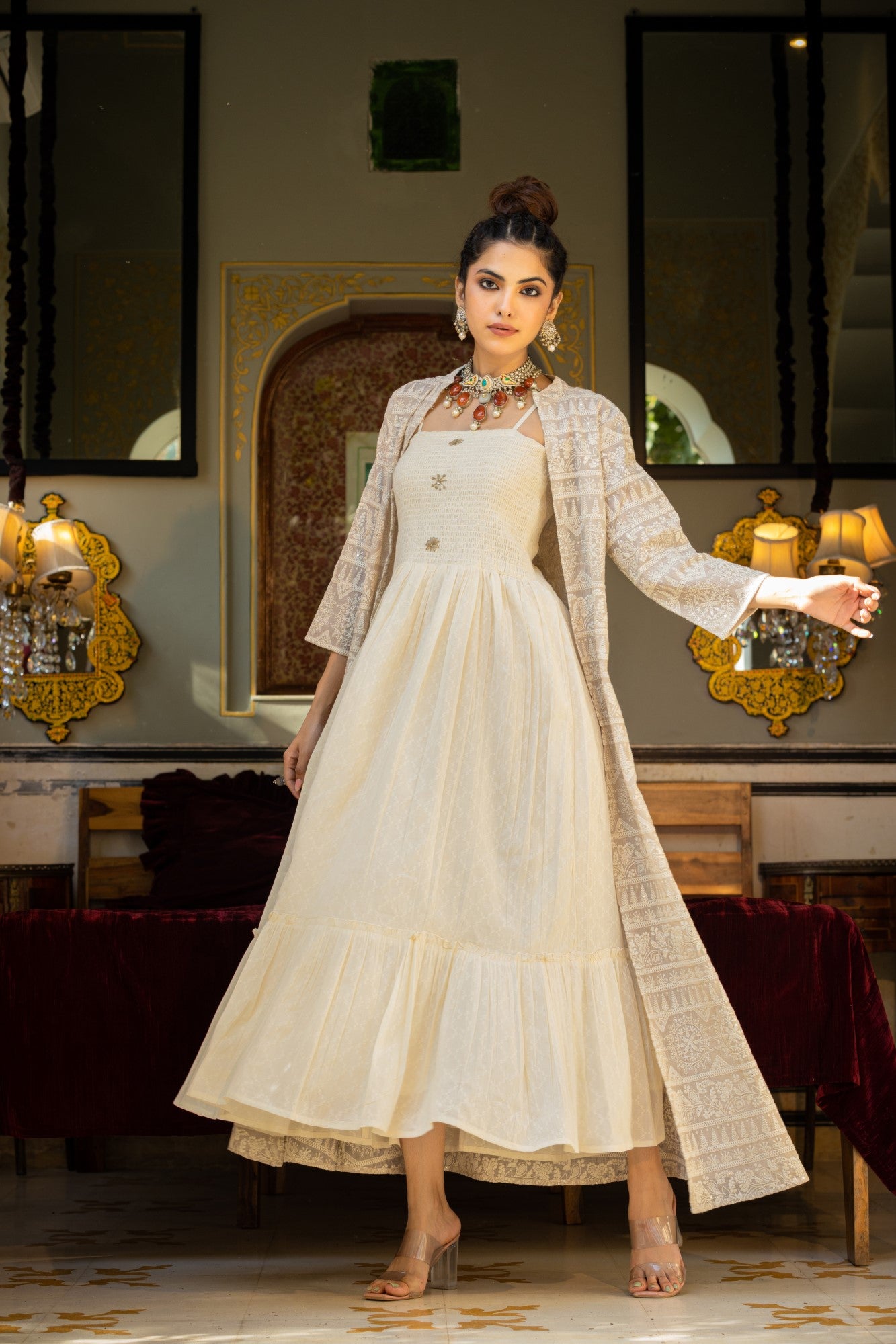 A EMBROIDERED HEAVY SHRUG DRESS