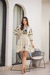 WOMEN'S OFF-WHITE COTTON EMBROIDERED SHORT DRESS