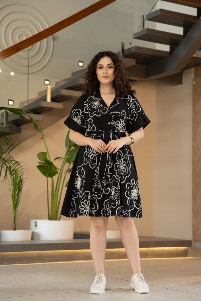 BLACK FLORAL EMBROIDERED SHIRT DRESS WITH TIE-UP BELT