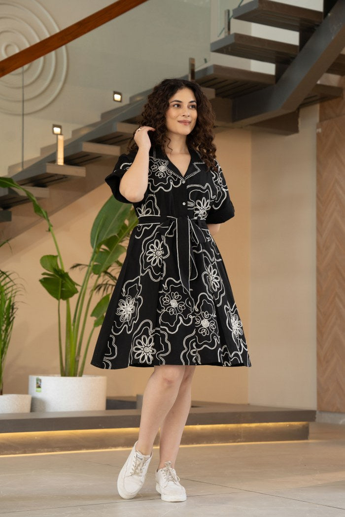 BLACK FLORAL EMBROIDERED SHIRT DRESS WITH TIE-UP BELT