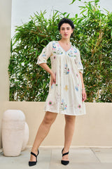 OFF-WHITE FLORAL EMBROIDERED FIT & FLARE SHORT DRESS