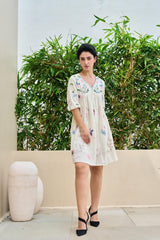 OFF-WHITE FLORAL EMBROIDERED FIT & FLARE SHORT DRESS