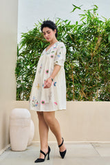 OFF-WHITE FLORAL EMBROIDERED FIT & FLARE SHORT DRESS