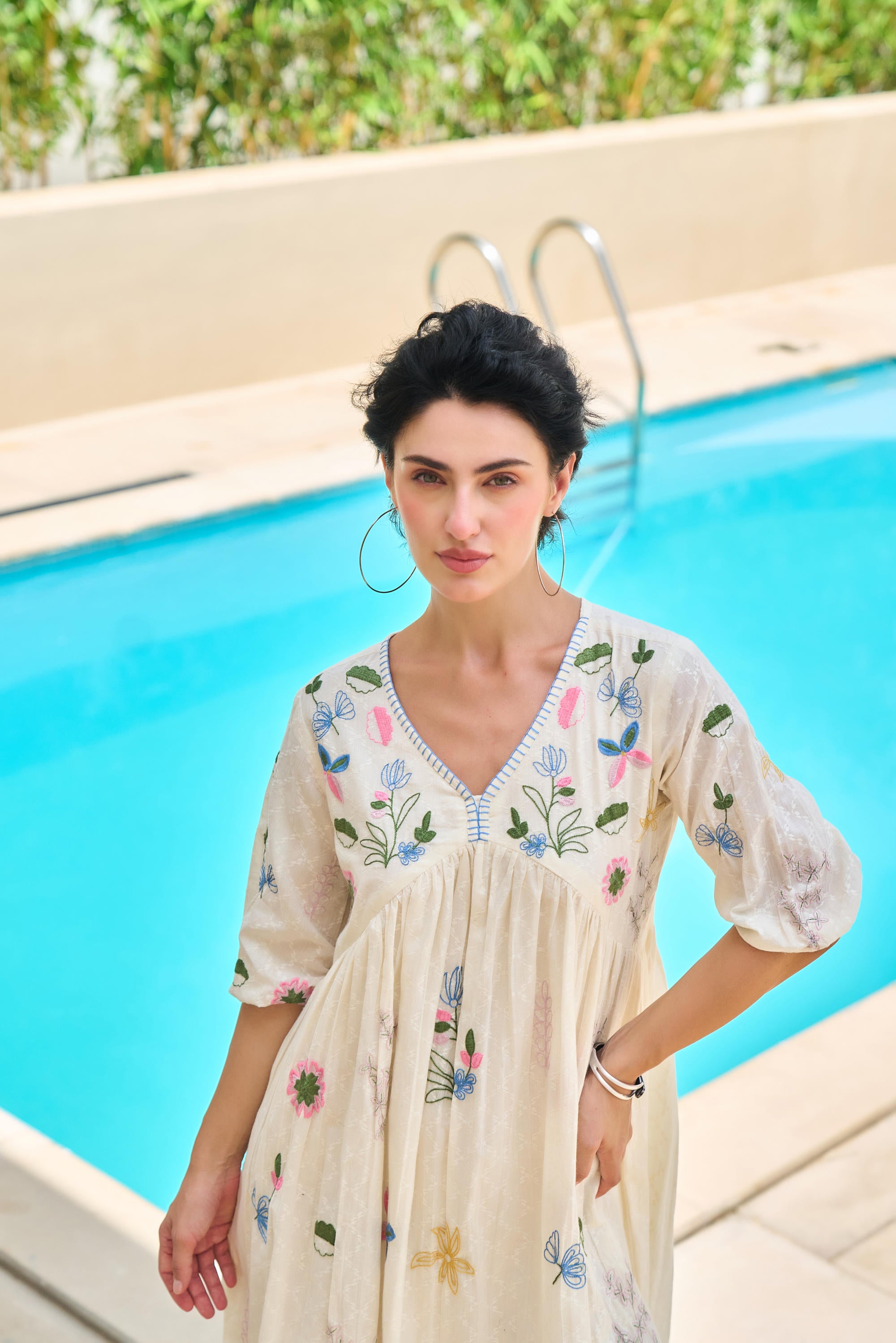 OFF-WHITE FLORAL EMBROIDERED FIT & FLARE SHORT DRESS