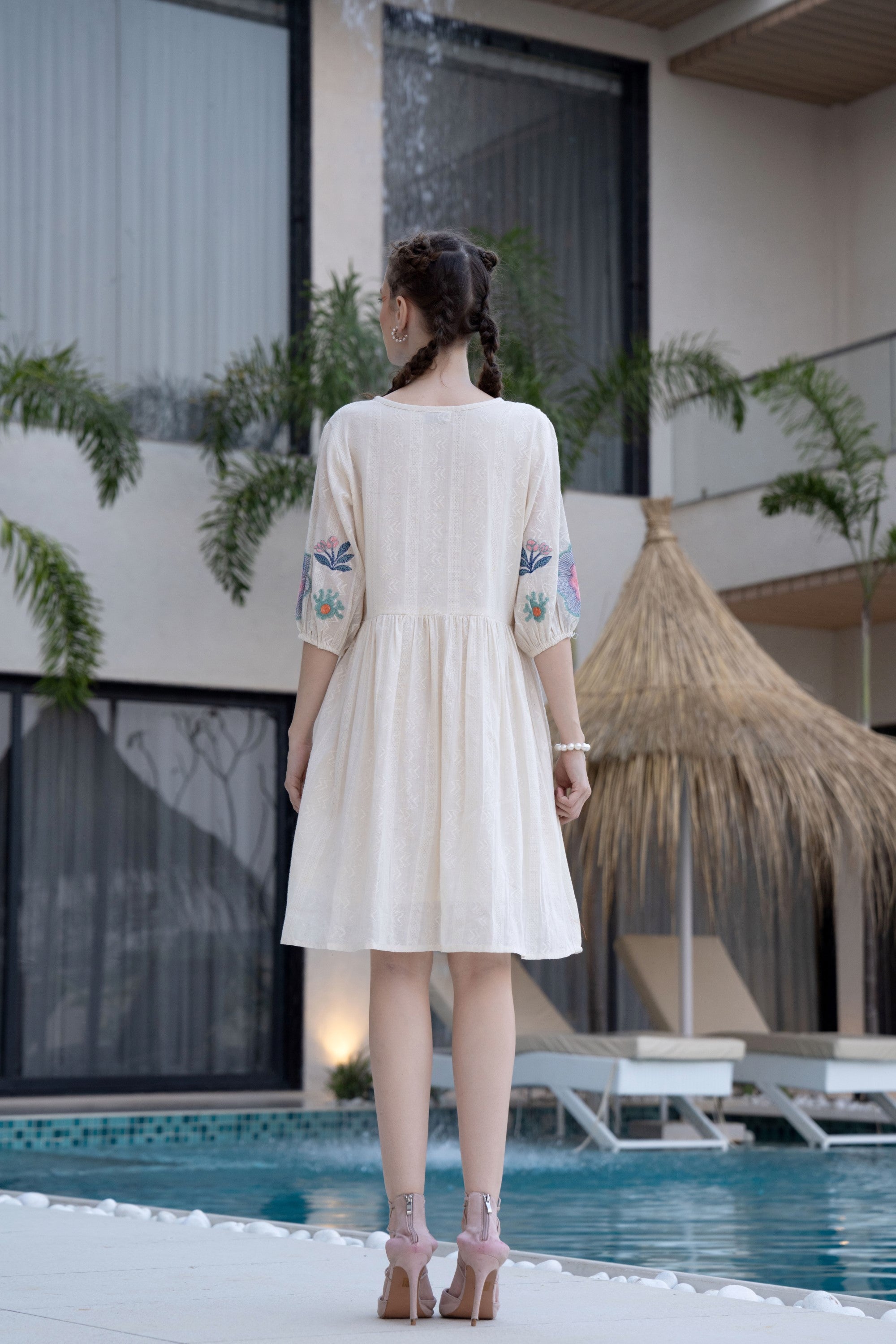 OFF-WHITE EMBROIDERED SHORT DRESS