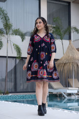 BOHEMIAN FLORAL EMBROIDERED SHORT DRESS - V-NECK, CASUAL RESORT WEAR