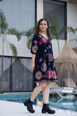 BOHEMIAN FLORAL EMBROIDERED SHORT DRESS - V-NECK, CASUAL RESORT WEAR