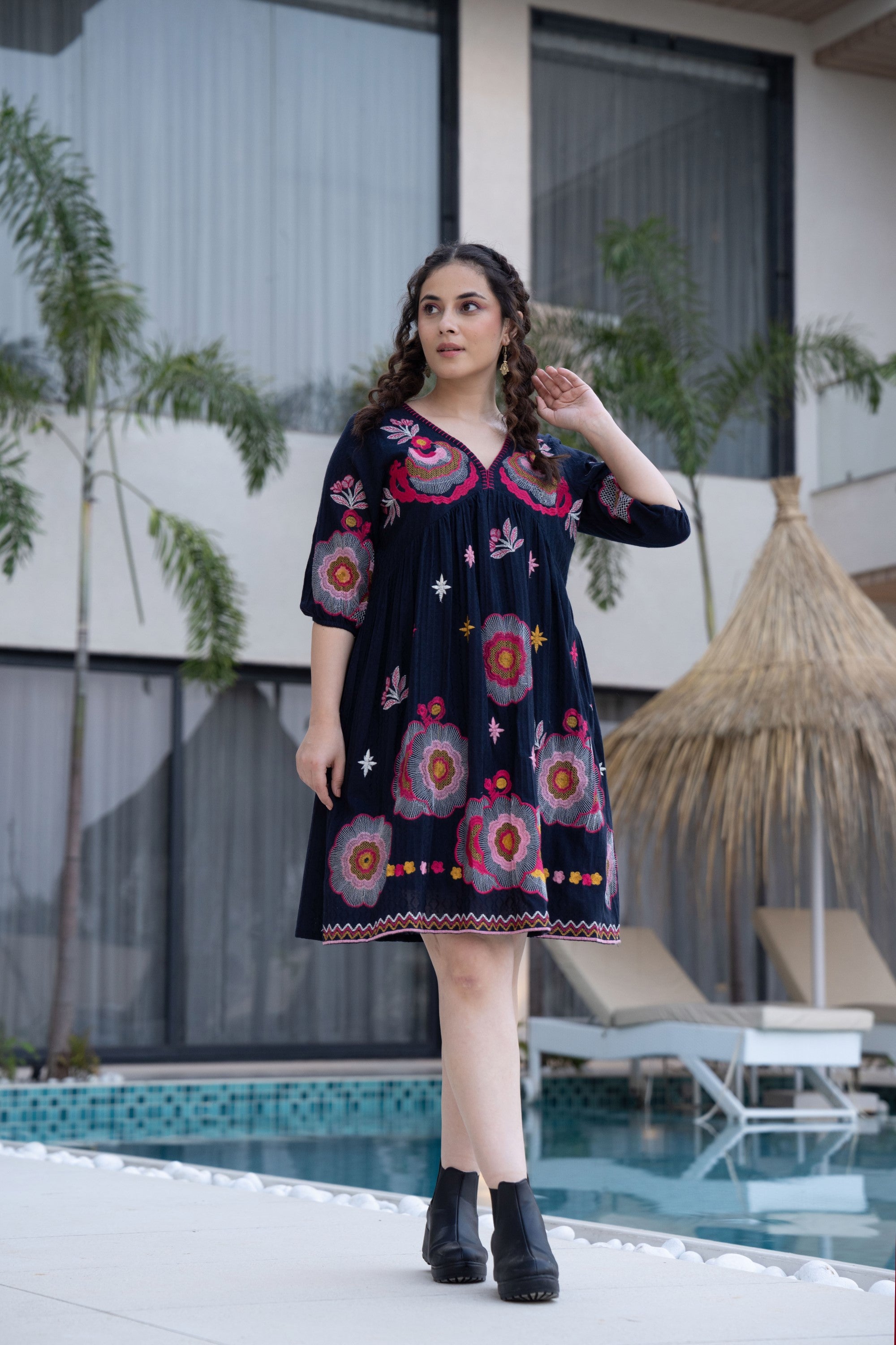 BOHEMIAN FLORAL EMBROIDERED SHORT DRESS - V-NECK, CASUAL RESORT WEAR