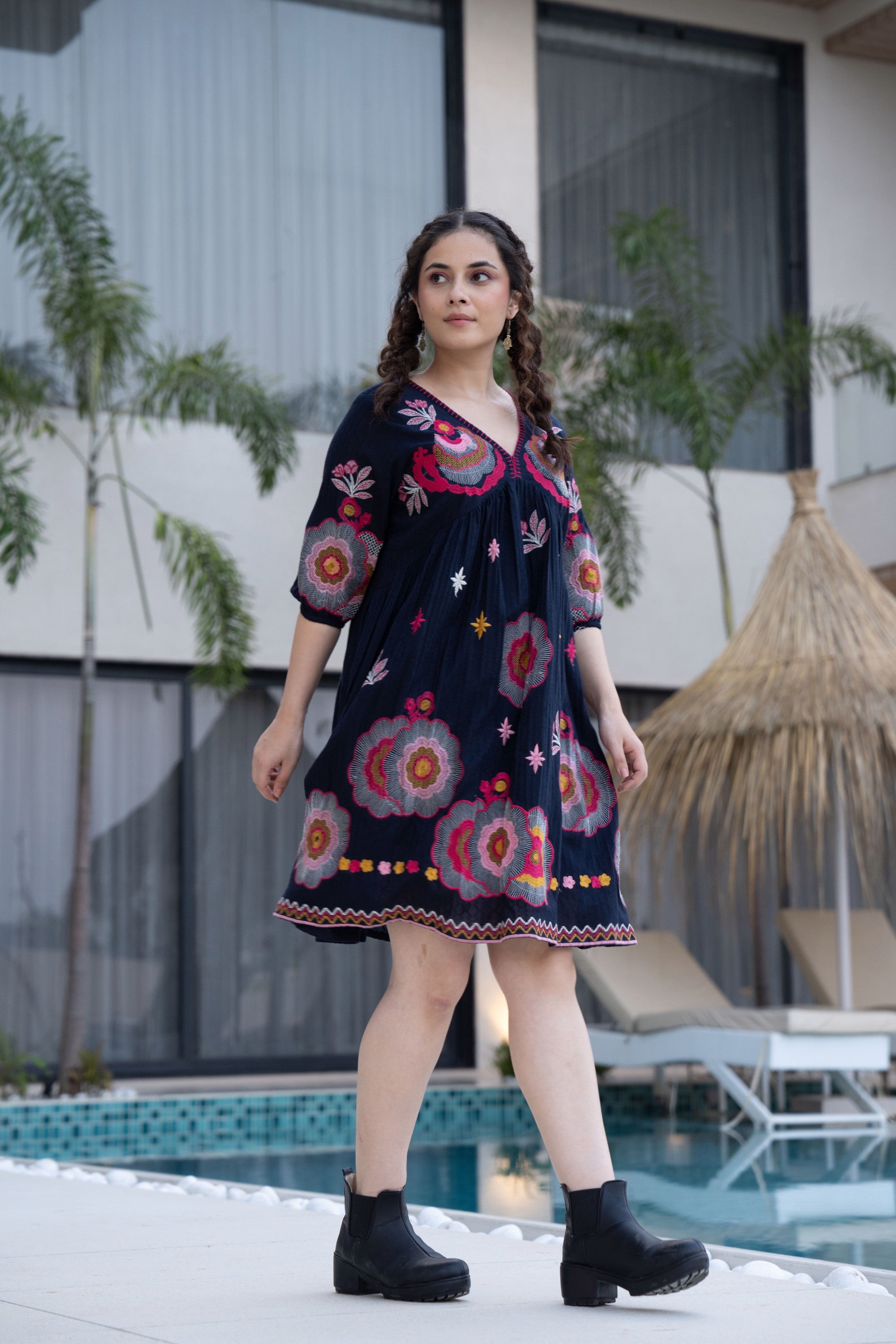 BOHEMIAN FLORAL EMBROIDERED SHORT DRESS - V-NECK, CASUAL RESORT WEAR