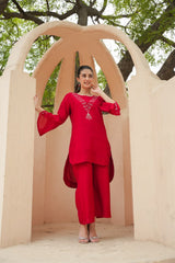 FESTIVE ELEGANCE: CALF-LENGTH ROMAN SILK COORDINATED SET WITH MINIMALISTIC EMBROIDERY AND FLARED SLEEVES