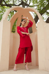 FESTIVE ELEGANCE: CALF-LENGTH ROMAN SILK COORDINATED SET WITH MINIMALISTIC EMBROIDERY AND FLARED SLEEVES