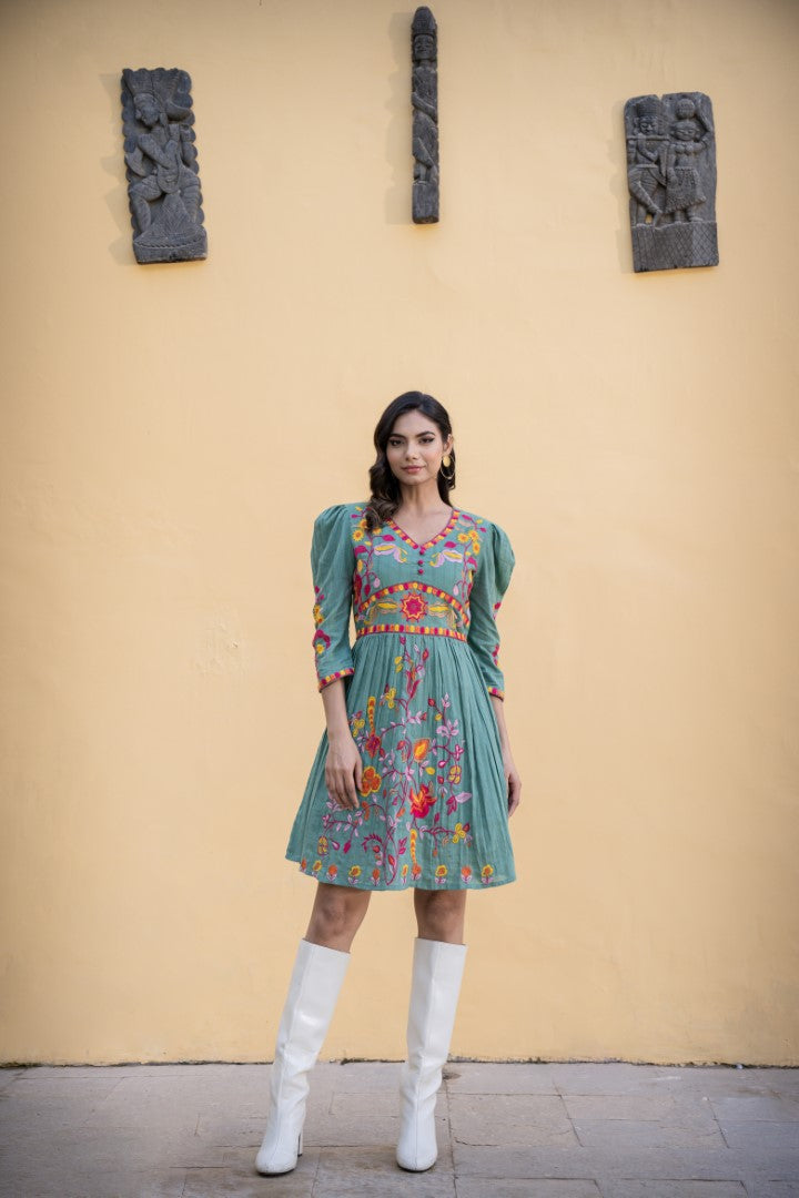 Loomed Splendor: Cotton Embroidery Short Dress