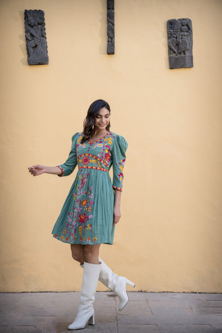 Loomed Splendor: Cotton Embroidery Short Dress