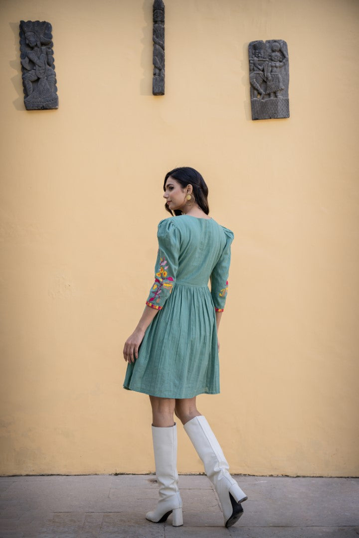 Loomed Splendor: Cotton Embroidery Short Dress