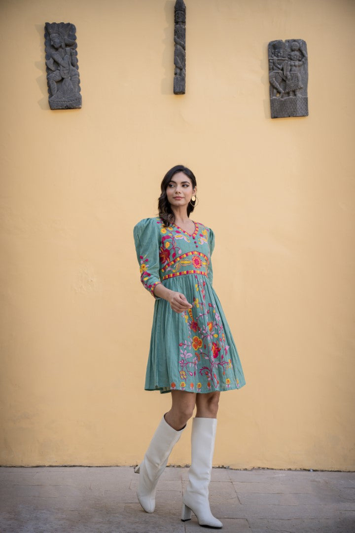 Loomed Splendor: Cotton Embroidery Short Dress