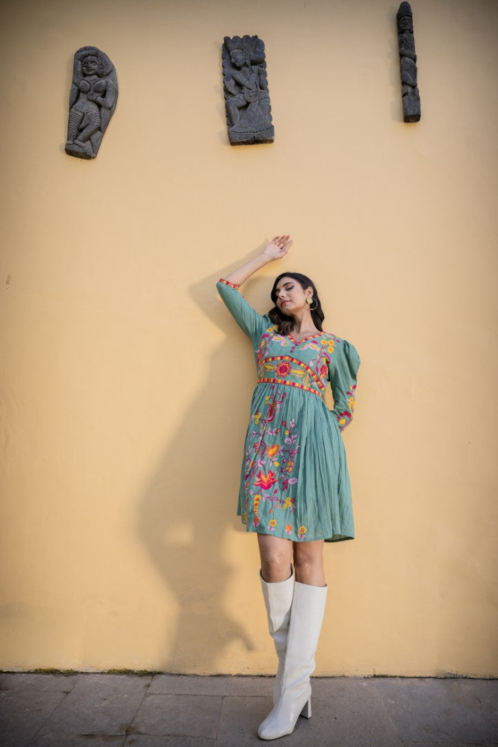 Loomed Splendor: Cotton Embroidery Short Dress