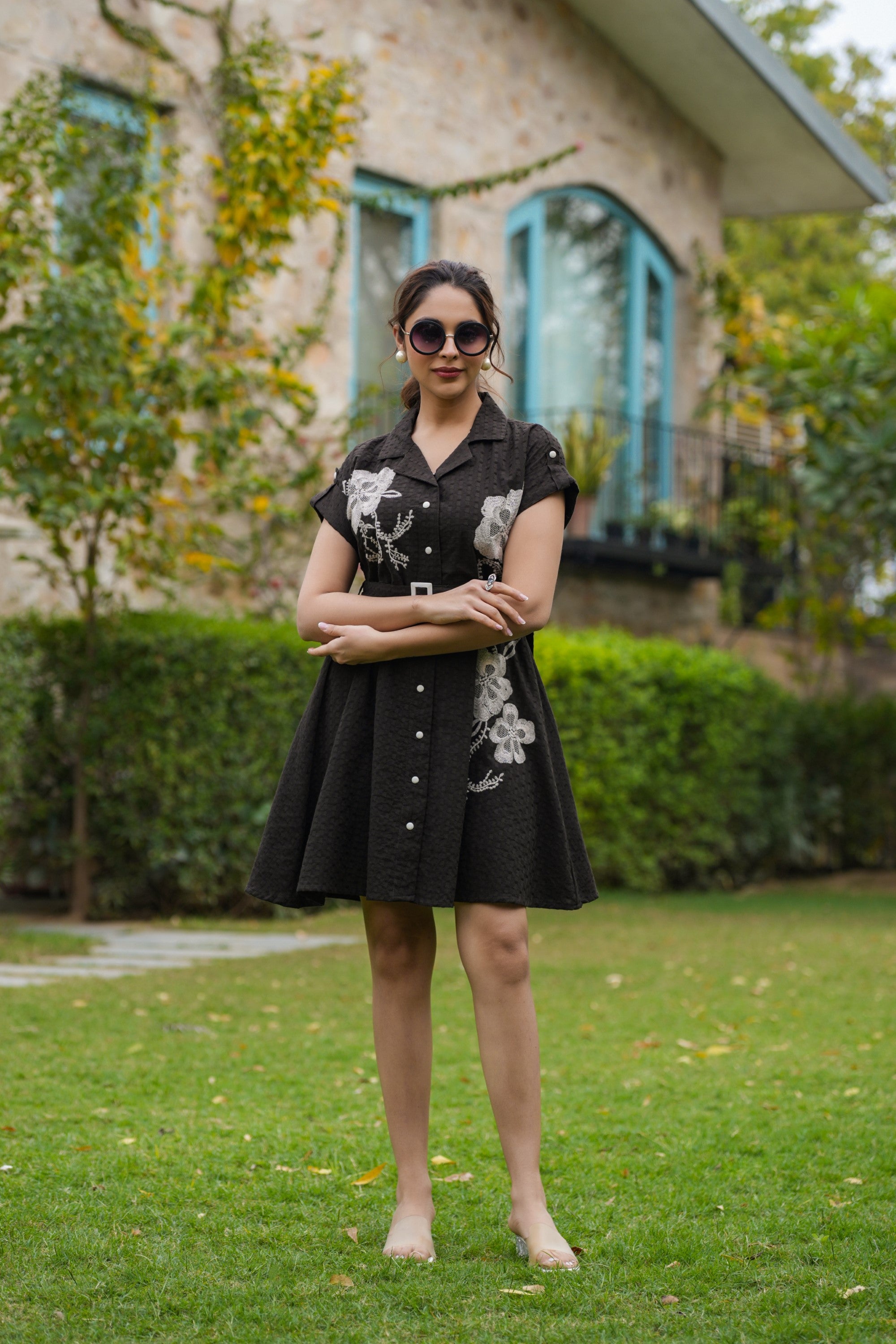 WINE AND BLACK COTTON EMBROIDERED DRESS