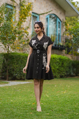 WINE AND BLACK COTTON EMBROIDERED DRESS