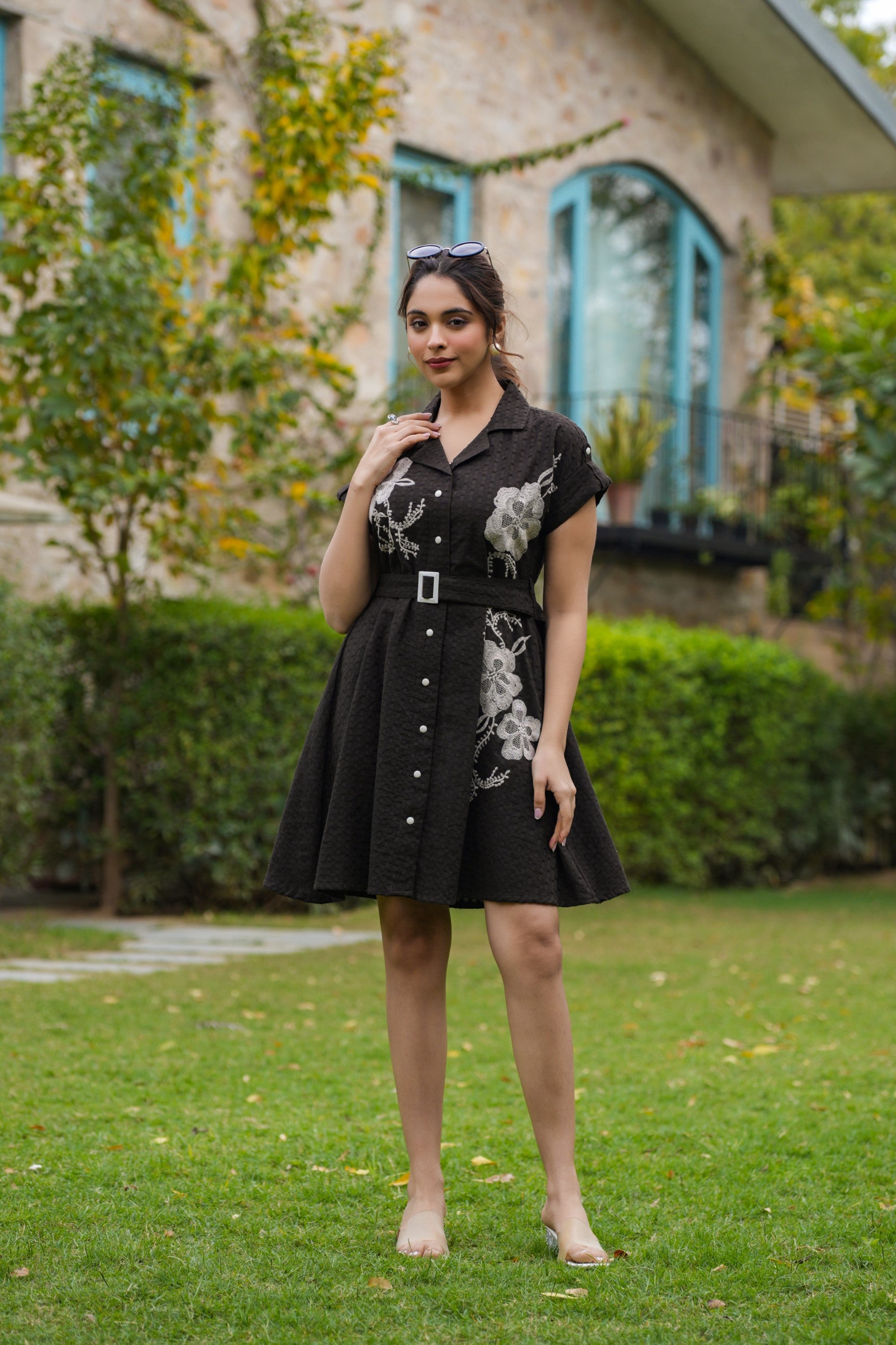 WINE AND BLACK COTTON EMBROIDERED DRESS