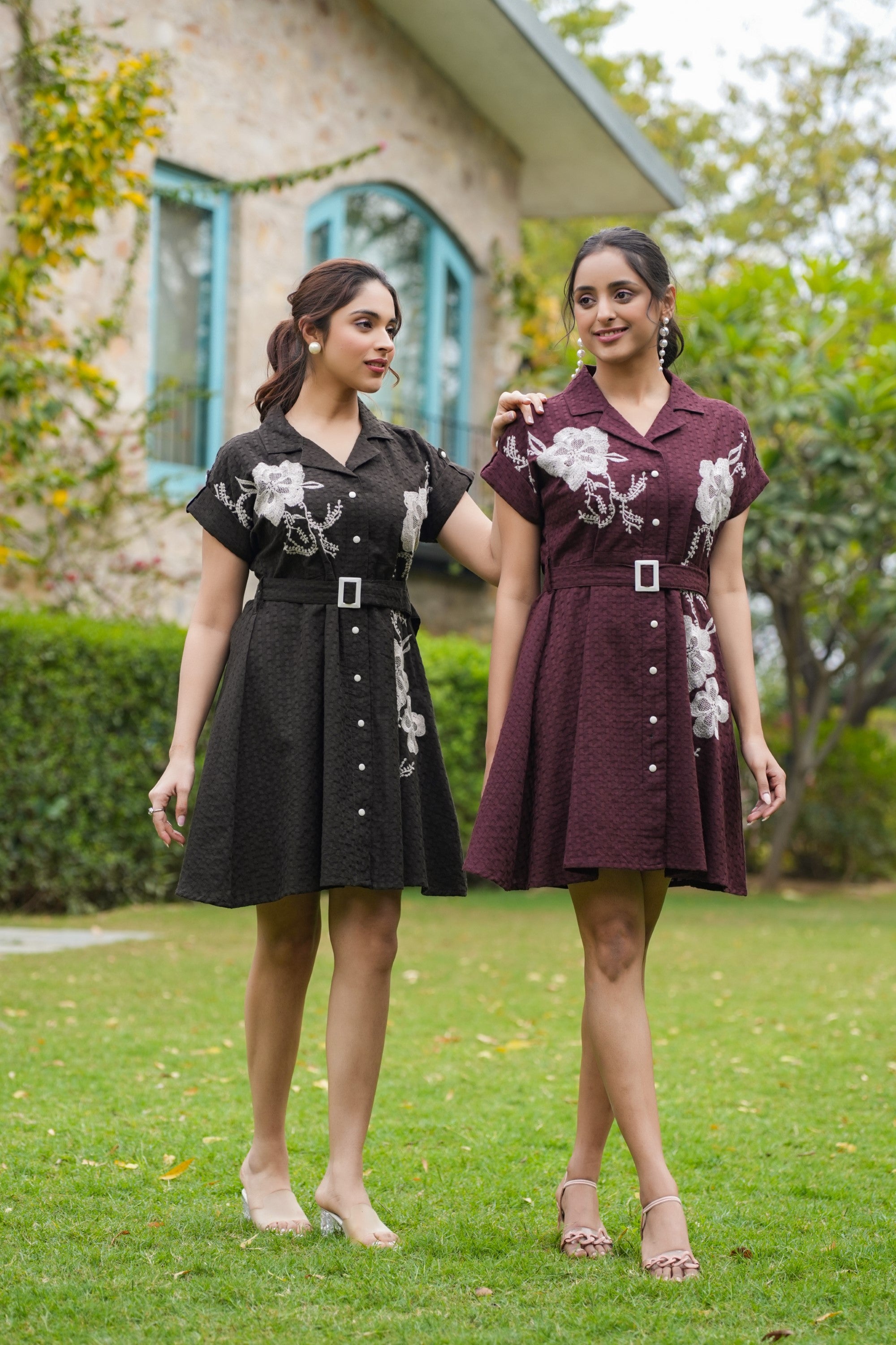 WINE AND BLACK COTTON EMBROIDERED DRESS