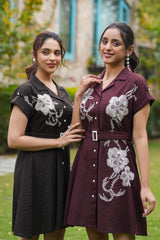 WINE AND BLACK COTTON EMBROIDERED DRESS