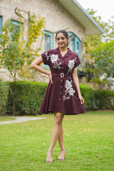 WINE AND BLACK COTTON EMBROIDERED DRESS