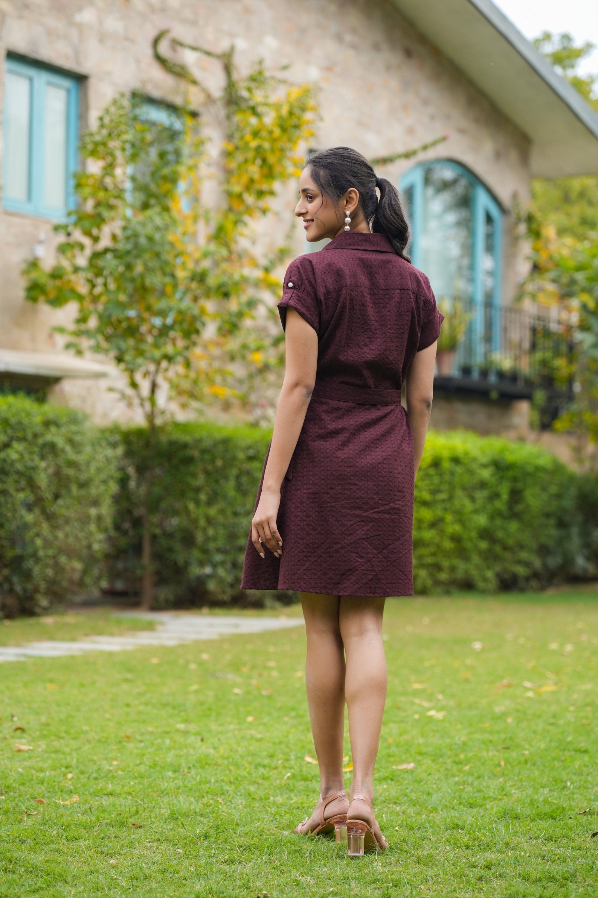 WINE AND BLACK COTTON EMBROIDERED DRESS