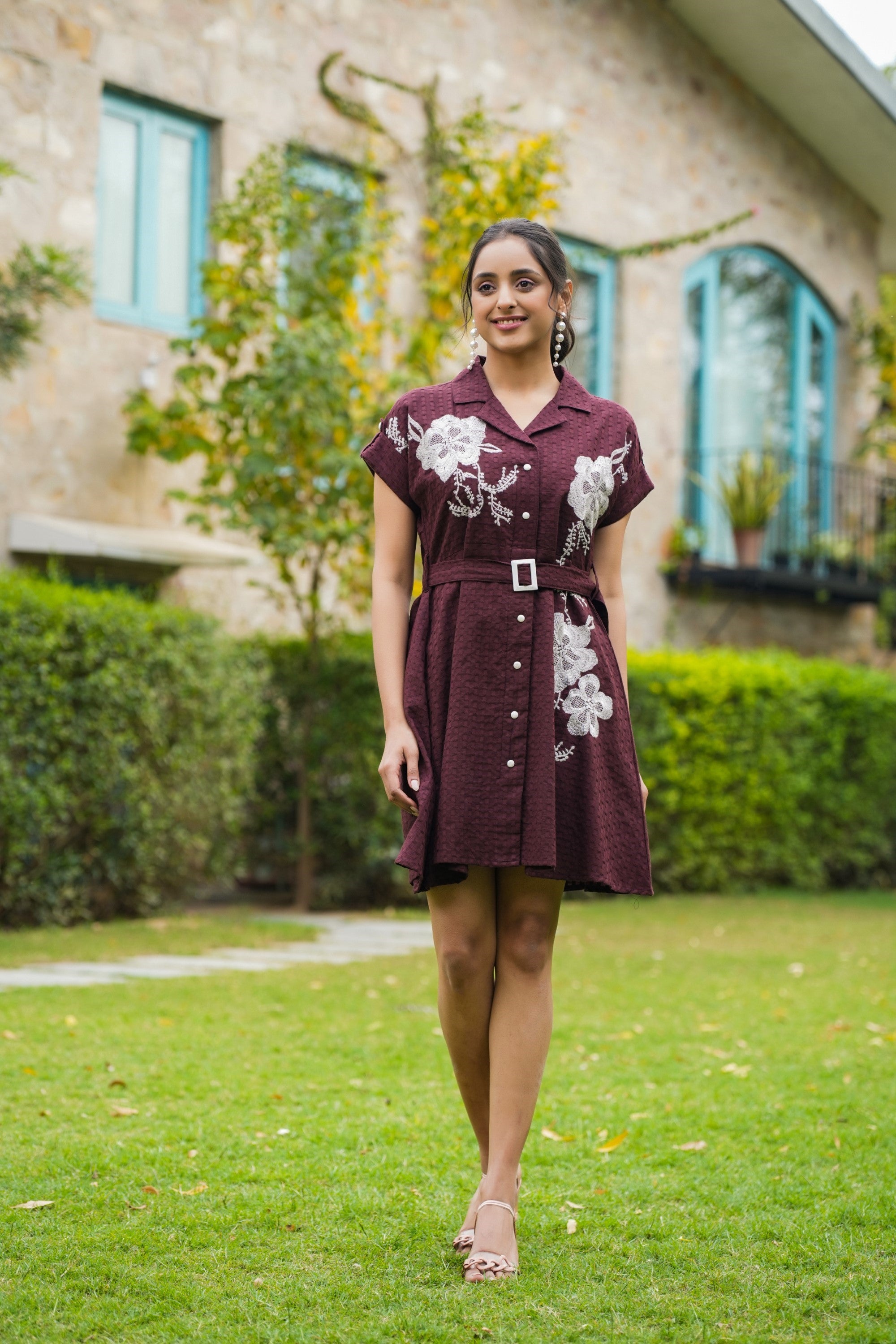 WINE AND BLACK COTTON EMBROIDERED DRESS