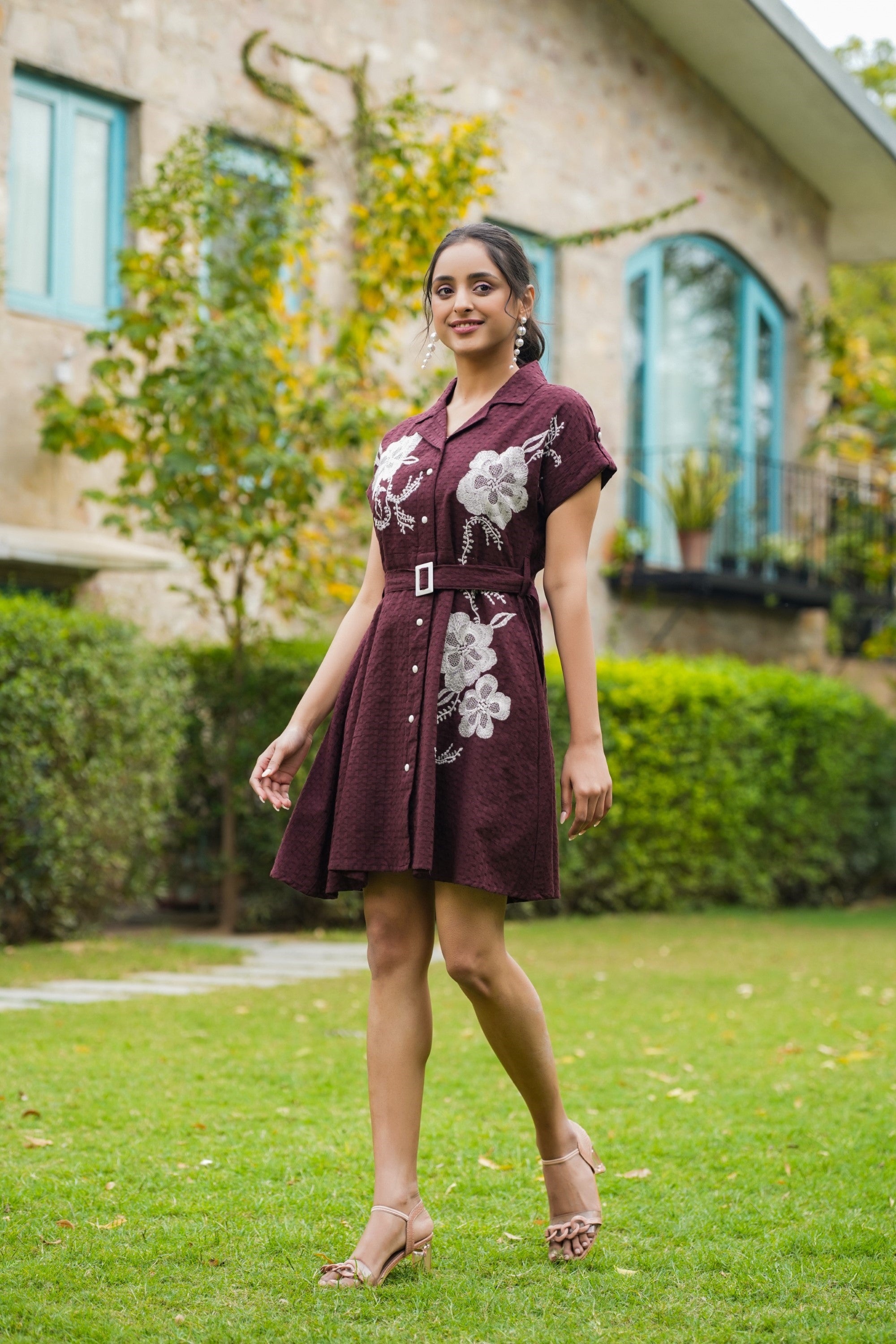 WINE AND BLACK COTTON EMBROIDERED DRESS