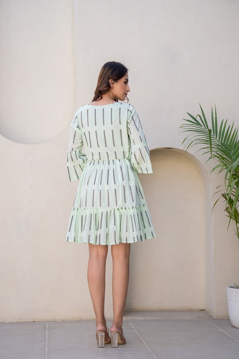 WOMEN'S MINT COTTON SHORT DRESS WITH KNOT BELT AND FLARED SLEEVES