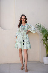 WOMEN'S MINT COTTON SHORT DRESS WITH KNOT BELT AND FLARED SLEEVES