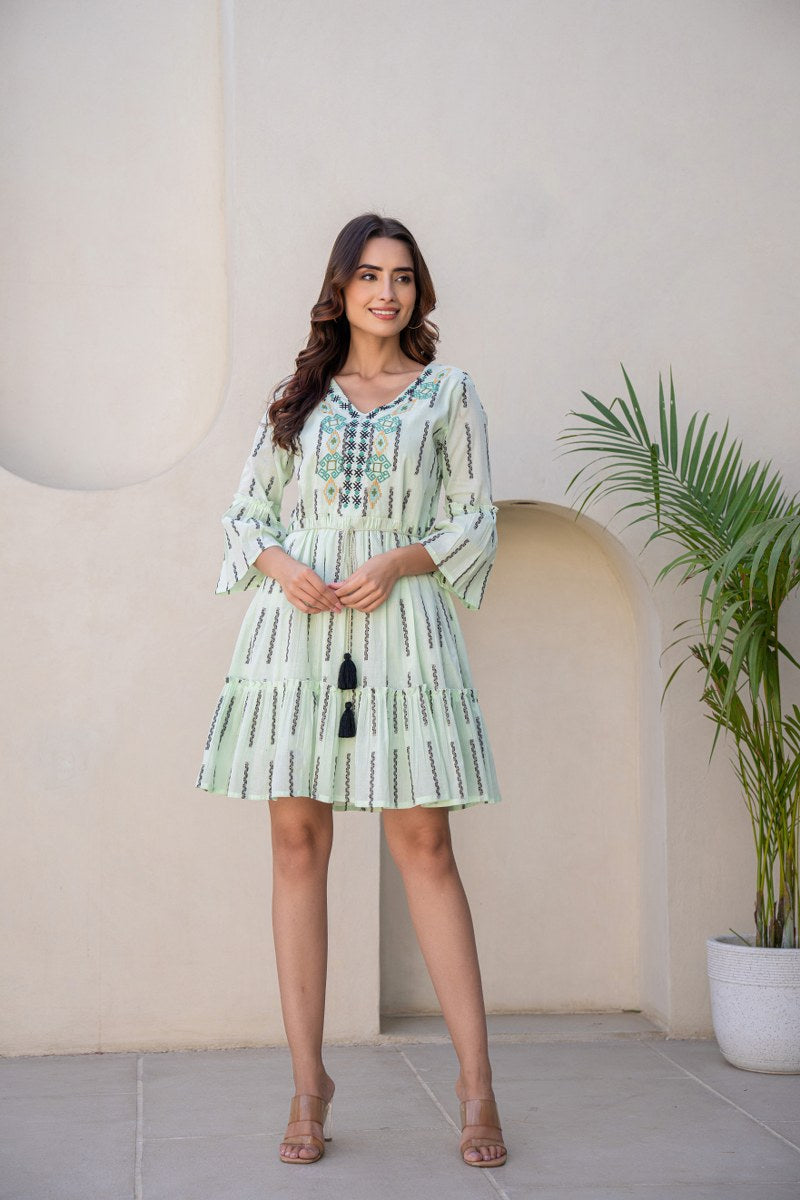 WOMEN'S MINT COTTON SHORT DRESS WITH KNOT BELT AND FLARED SLEEVES