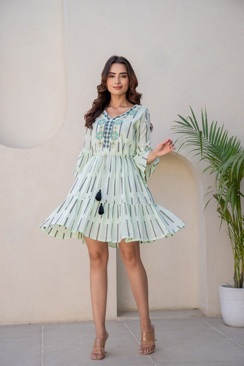 WOMEN'S MINT COTTON SHORT DRESS WITH KNOT BELT AND FLARED SLEEVES